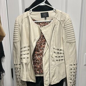 TCEC Cream Leather Moto Jacket with Quilted Panels